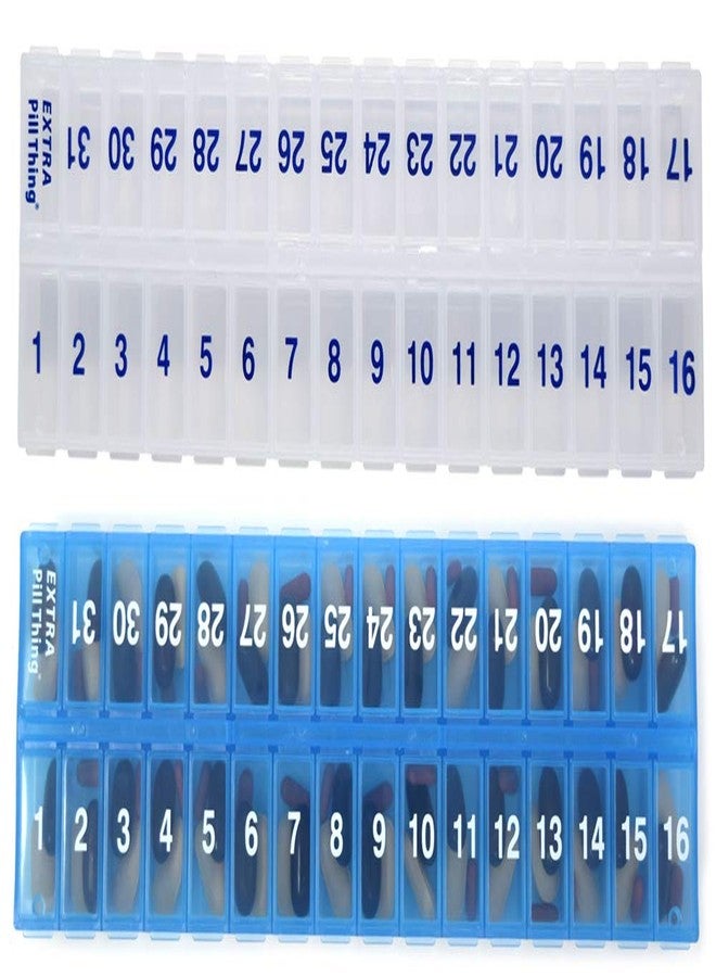 pill thing منظم حبوب شهري لمدة 31 يومًا - علب حبوب كبيرة الحجم لتخزين الأدوية لشهر كامل بالإضافة إلى حجرة إضافية (صباحًا/مساءً، شفاف وأزرق) خالٍ من مادة BPA - Image 1